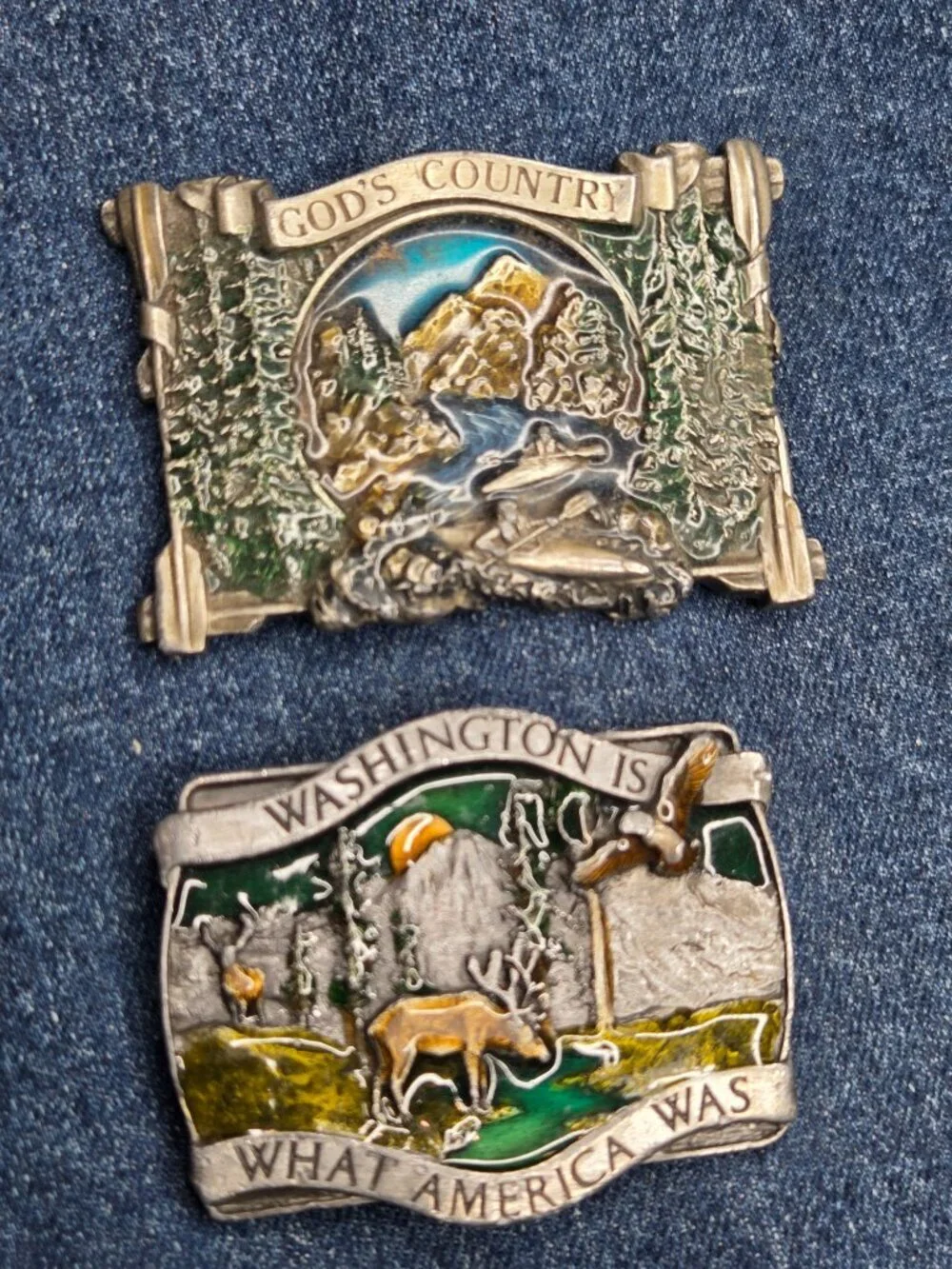 Lot of 2 - 1980s Bergamot Vintage God's Country & Washington Enamel Belt Buckles